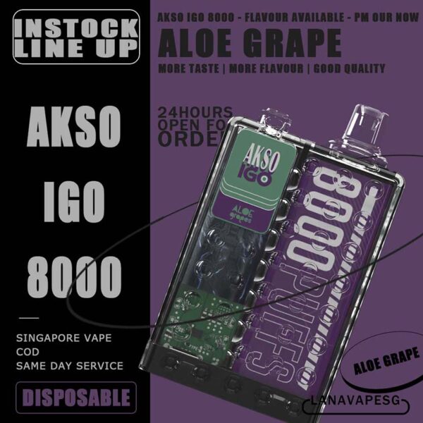 AKSO IGO 8000 DISPOSABLE - VAPE SG Akso Igo e-cigarette is the latest device from the house of Akso that has already created tremendous buzz in the market! The device is Ergonomic centric and very looks of this device is extremely pleasing as it takes us back in time. The device comes with a powerful battery, a mesh coil and delivers upto 8000 puffs making your money absolutely count. Packs in an 1.1Ω meshed coil and UK made juice delivers a smooth and consistent taste right through to the last puff. Choose flavour and place order now for same day delivery ! Specification : Puff:8000 Puffs Charger:Type C Cable Capacity:15ml Battery:650mah LED Light Battery Indicator 10 Seconds Cut-Off Protection Over Temperature Protection Under Voltage Protection 3.6V Constant Voltage Output AKSO IGO 8000 DISPOSABLE FLAVOUR LIST : Aloe Grape Blackcurrant Ice Caramel Cookies Caramel Mocha Lychee Ross Mango Ice Mango Peach Nutty Tobacco Root Beer Strawberry Cheese Vanilla Milk Watermelon Ice Apple Yakult Passion Fruit Yakult Rootbeer Float Strawberry Yakult SG VAPE COD SAME DAY DELIVERY , CASH ON DELIVERY ONLY. ORDER BEFORE 5PM , SAME DAY NIGHT SLOT 7PM – 10PM RECEIVED PARCEL. TAKE BULK ORDER /MORE ORDER PLS CONTACT US : LANAVAPESG WHATSAPP VIEW OUR DAILY NEWS INFORMATION VAPE : LANAVAPESG CHANNEL