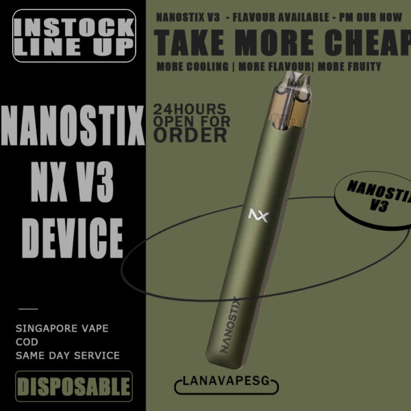 NANOSTIX NX V3 DEVICE - SG VAPE SHOP COD NANOSTIX NX V3 DEVICE A revolutionary closed pod system device featuring load and go NanoPOD (V1), minus the harmful tar and chemicals of cigarettes’ that offers a healthier, more economical alternative to smoking. The device is lightweight and made of stainless steel casing. Designed without the mess of refill tanks. Simply insert the NanoPOD juice cartridge into the device and you’re ready to vape right away. NanoSTIX device is powered with LED power indicator, micro USB with 0.35V – 2.25V. ⚠️NANOSTIX NX V3 DEVICE AVAILABLE COLOR LINE UP⚠️ Army Tuxedo Denim Titanium Brass Petra *NANOSTIX V3 DEVICE ONLY COMPATIBLE WITH NANOSTIX V2 POD* SG VAPE COD SAME DAY DELIVERY , CASH ON DELIVERY ONLY. ORDER BEFORE 5PM , SAME DAY NIGHT SLOT 7PM – 10PM RECEIVED PARCEL. TAKE BULK ORDER /MORE ORDER PLS CONTACT US : LANAVAPESG WHATSAPP VIEW OUR DAILY NEWS INFORMATION VAPE : LANAVAPESG CHANNEL