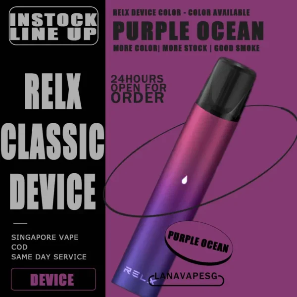 RELX CLASSIC DEVICE - SG VAPE SHOP COD RELX Classic Device is a perfect vape device to start your vaping journey. It powered by 350mAh built-in battery for your daily need and, the RELX device is compact and lightweight to be user-friendly. The pods are made from organic nicotine, providing high-quality nicotine salts for a premium e-juice experience. Specification : Closed Pod / Cartridge System All-in-One Device Built-in Battery 350mAh Maximum Wattage: 6W E-Liquid Capacity: 2ml Package Included : 1x Device 1x USB Cable ⚠️RELX DEVICE COMPATIBLE POD WITH⚠️ GENESIS POD J13 POD KIZZ POD LANA POD RELX CLASSIC POD R-ONE POD SP2 POD ZENO POD ZEUZ POD ⚠️RELX DEVICE COLOR AVAILABLE LINE UP⚠️ Classisc Black Gold Shades Gold Twillight Navy Blue Power Red Purple Ocean Sky Blue Space Grey Tiffany Blue SG VAPE COD SAME DAY DELIVERY , CASH ON DELIVERY ONLY. ORDER BEFORE 5PM , SAME DAY NIGHT SLOT 7PM – 10PM RECEIVED PARCEL. TAKE BULK ORDER /MORE ORDER PLS CONTACT US : LANAVAPESG WHATSAPP VIEW OUR DAILY NEWS INFORMATION VAPE : LANAVAPESG CHANNEL