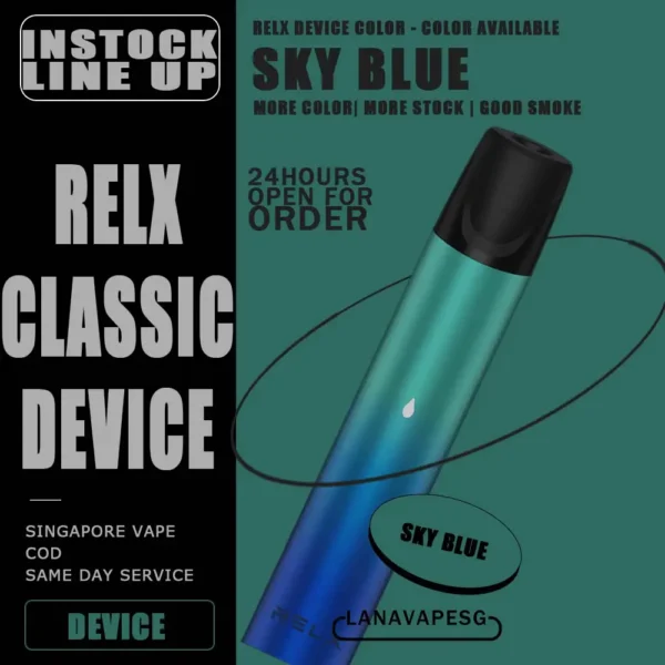 RELX CLASSIC DEVICE - SG VAPE SHOP COD RELX Classic Device is a perfect vape device to start your vaping journey. It powered by 350mAh built-in battery for your daily need and, the RELX device is compact and lightweight to be user-friendly. The pods are made from organic nicotine, providing high-quality nicotine salts for a premium e-juice experience. Specification : Closed Pod / Cartridge System All-in-One Device Built-in Battery 350mAh Maximum Wattage: 6W E-Liquid Capacity: 2ml Package Included : 1x Device 1x USB Cable ⚠️RELX DEVICE COMPATIBLE POD WITH⚠️ GENESIS POD J13 POD KIZZ POD LANA POD RELX CLASSIC POD R-ONE POD SP2 POD ZENO POD ZEUZ POD ⚠️RELX DEVICE COLOR AVAILABLE LINE UP⚠️ Classisc Black Gold Shades Gold Twillight Navy Blue Power Red Purple Ocean Sky Blue Space Grey Tiffany Blue SG VAPE COD SAME DAY DELIVERY , CASH ON DELIVERY ONLY. ORDER BEFORE 5PM , SAME DAY NIGHT SLOT 7PM – 10PM RECEIVED PARCEL. TAKE BULK ORDER /MORE ORDER PLS CONTACT US : LANAVAPESG WHATSAPP VIEW OUR DAILY NEWS INFORMATION VAPE : LANAVAPESG CHANNEL