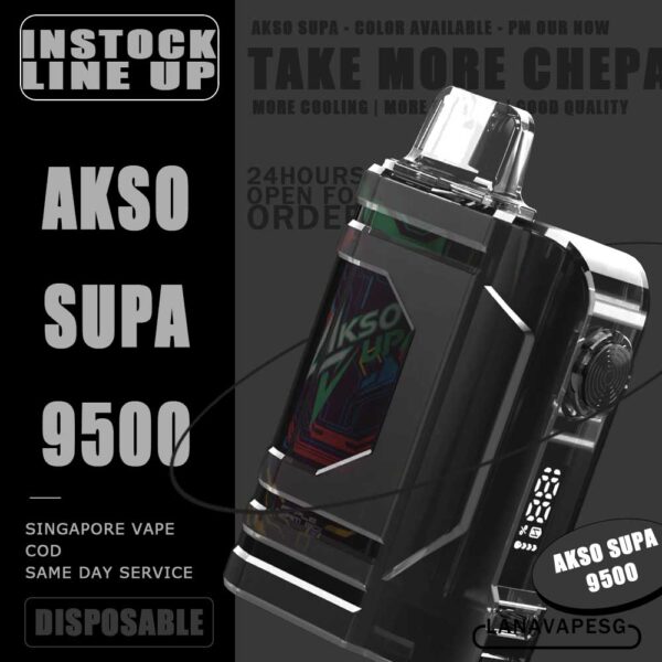 AKSO VAPE SUPA 9500 DISPOSABLE -  SG VAPE SHOP COD AKSO SUPA disposable are one of the smash-market disposable in Malaysia. They pack a rechargeable battery and come prefilled with a whopping 9.5ml of liquid together with an indicator special for battery and liquid level. This allows you to vape longer on a single disposable and makes the AKSO SUPA a great option for traveling, extended road trips, or even just day-to-day use. Each AKSO SUPA disposable will last for 9500 puffs. Each AKSO SUPA delivers a great flavoring, a satisfying draw and the indicator; three fastors that make for a great disposable. They feel really good in the hand as the rounded it ergonomic to hold vape with. The AKSO SUPA is available in? Flavour for you to choose. Adjustable Airflow Some of the AKSO product comes with airflow adjustable, same goes with AKSO SUPA. The function for your satisfying your daily vape. 9500 Puffs Number of puff can long last more than 1 week with a great usage of a pad. Battery & Liquid Indicator The great function of the indicator to alert you the power of battery and the liquid level in the pod. 9.5ml The high amount of liquid with a great consistency taste since the first puff. Specification : Up to 9500 Puffs under specific conditions. Type C Rechargeable Smart Screen Indicator for Battery & E-liquid Safety Child Lock Button Adjustable Airflow Booster Button ⚠️AKSO SUPA 9500 FLAVOUR LINE UP⚠️ Apple Asam Boi Rootbeer Blackcurrant Yacult Creamy Milk Ice Cream Cake Mango Yacult Root Beer Solero Strawberry Vanilla Donut Vanilla Latte Yacult Nutty Tobacco Blackberry Ice Taro Ice Cream Ice Series-Green Grapes Ice Series-Lychee Longan Ice Series-Super Ice Mint Ice Series-Taro Ice Cream SG VAPE COD SAME DAY DELIVERY , CASH ON DELIVERY ONLY. ORDER BEFORE 5PM , SAME DAY NIGHT SLOT 7PM – 10PM RECEIVED PARCEL. TAKE BULK ORDER /MORE ORDER PLS CONTACT US : LANAVAPESG WHATSAPP VIEW OUR DAILY NEWS INFORMATION VAPE : LANAVAPESG CHANNEL