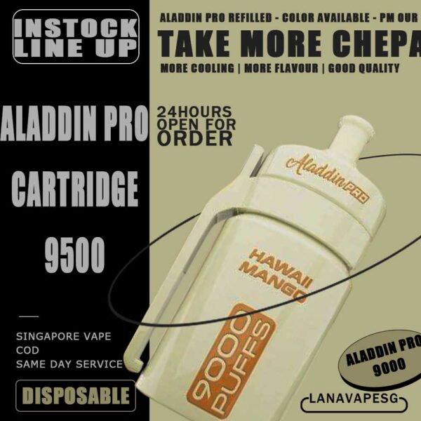 ALADDIN PRO MORE ENJOY 9000 CARTRIDGE - SG VAPE SHOP COD ALADDIN PRO MORE ENJOY 9000 CARTRIDGE is a Malaysia Porudction the starter kit disposable vape, this product is Cartridge Flavour only. Purchases this product before MUST NEED GOT A BETRRY just can use this cartridge. Specifications: Brand : Aladdin pro 9000 Approximate : 9000 puffs Nic : Salt Rechargeable Battery Replaceable Cartridge ⚠️ALADDIN ENJOY MORE 9000 DISPOSABLE (CARTRIDGE)⚠️ Yakolt Mango yakult Passion fruit yakult Mango peach Strawberry kiwi candy Double mango candy Rootbeer Watermelon Sirap Bandung SG VAPE COD SAME DAY DELIVERY , CASH ON DELIVERY ONLY. ORDER BEFORE 5PM , SAME DAY NIGHT SLOT 7PM – 10PM RECEIVED PARCEL. TAKE BULK ORDER /MORE ORDER PLS CONTACT US : LANAVAPESG WHATSAPP VIEW OUR DAILY NEWS INFORMATION VAPE : LANAVAPESG CHANNEL