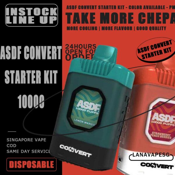ASDF CONVERT 10K STARTER KIT - VAPE SG ASDF CONVERT 10000 PUFFS disposable vape starter kit is a Malaysia local brand. The Vapetape is under ASDF company also. The ASDF Convert 10K is a Prefilled pod system. The starter kit included a flavour pod and a reuseable battery. There is a led battery indicator. It show green light when battery percentage is 71%-100% , blue light when 26%-70% and turns red light when battery percent less than 25%. Specification : Colour : 2 options Battery Volume : 500 mAh Charging : Rechargeable with Type C Fully Charged Time : 15mins Battery Indicator ⚠️ASDF CONVERT 10000 PUFFS STARTER KIT FLAVOUR AVAILABLE⚠️ Hawaiiamm Pineapple Strawberry Yogurt Strawberry Pear Double Mango Mango Peach Berry Peach Strawebrry Peach Berries Lemon Mango Lychee Aloe Vera Fruity Lychee Mixed Bubblegum Grape Yogurt SG VAPE COD SAME DAY DELIVERY , CASH ON DELIVERY ONLY. ORDER BEFORE 5PM , SAME DAY NIGHT SLOT 7PM – 10PM RECEIVED PARCEL. TAKE BULK ORDER /MORE ORDER PLS CONTACT US : LANAVAPESG WHATSAPP VIEW OUR DAILY NEWS INFORMATION VAPE : LANAVAPESG CHANNEL