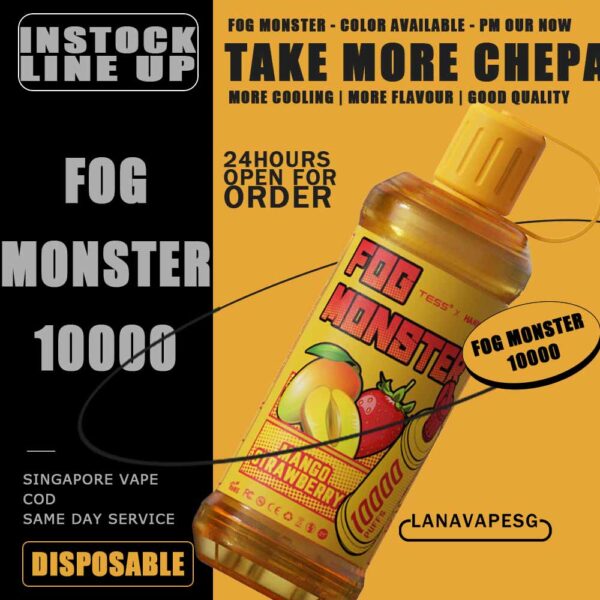 FOG MONSTER VAPE 10000 DISPOSABLE - VAPE SG We've ingeniously crafted this product design with the user in mind ,introducing Fog monster vape disposable pod and it's rechargeable with 10000 puffs. Having a distinctive and attractive appearance and the best technologies for the best vaping experience. That provides satisfaction with every single puff. Specification : Nicotine  3% Capactiy 17ml Mesh Coil Battery Capactiy 650 mAh ⚠️FOG MONSTER 10000 DISPOSABLE FLAVOUR LIST⚠️ Musang King Durian Mint Chewing Gum Aloe Vera Grape Blackcurrant Honeydew Grape Bomb Jasmine Green Tea Taro Ice Cream Ice Lemon Tea Sirap Bandung Peach Mango Watermelon Long Jing Tea Yokult Redbull Redbull Yokult Mango Strawberry Strawberry Kiwi Mango Melon Strawberry Watermelon Passion Fruit Yakult Caramel Popcorn Russian Cream SG VAPE COD SAME DAY DELIVERY , CASH ON DELIVERY ONLY. ORDER BEFORE 5PM , SAME DAY NIGHT SLOT 7PM – 10PM RECEIVED PARCEL. TAKE BULK ORDER /MORE ORDER PLS CONTACT US : LANAVAPESG WHATSAPP VIEW OUR DAILY NEWS INFORMATION VAPE : LANAVAPESG CHANNEL