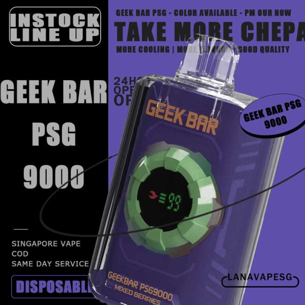 GEEK BAR PSG 9000 DISPOSABLE - SG VAPE COD Unleash the power of vaping with the GEEK BAR PSG 9000 Puffs Disposable Pod. Experience an astounding capacity of up to 9000 puffs, ensuring prolonged enjoyment without the hassle of frequent replacements. Embrace the convenience of its Type C Rechargeable feature, allowing you to recharge and savor your favorite flavors at your convenience Stay in control and never miss a beat with the Smart Screen Indicator, keeping you updated on both battery and e-liquid levels in real-time. With Adjustable Airflow, tailor your vaping experience to perfection, delivering smooth and flavorful clouds that suit your unique preferences. Elevate your vaping journey today and enjoy unmatched performance, convenience, and satisfaction with the GEEKBAR! Specifications: Approx.9000 Puffs Rechargeable Battery Adjustable Airflow Charging Port: Type-C ⚠️GEEK BAR PSG 9000 DISPOSABLE FLAVOUR LIST⚠️ Chocolate Mocha Classic Double Rootbeer Grape Blackcurrant Mango Blackcurrent Mix Berries Sirap Bandung Strawberry Watermelon Triple Mango Vanilla Cream Puff Watermelon Pear Dewberry Cream Honeydew Melon Mango Pineapple Mother Milk Juicy Watermelon Apple Asam boi Ice Popsicle Strawberry Lemonade SG VAPE COD SAME DAY DELIVERY , CASH ON DELIVERY ONLY. ORDER BEFORE 5PM , SAME DAY NIGHT SLOT 7PM – 10PM RECEIVED PARCEL. TAKE BULK ORDER /MORE ORDER PLS CONTACT US : LANAVAPESG WHATSAPP VIEW OUR DAILY NEWS INFORMATION VAPE : LANAVAPESG CHANNEL