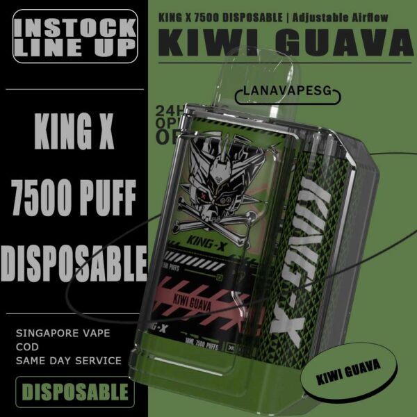 KING X 7500 DISPOSABLE VAPE is READY STOCK from our LANAVAPESG store , Choose flavour and place order now for same day delivery ! Specification : Up to 7500 Puffs Rechargeable Type C 650mAh Battery Capacity 18ML Liquid Capacity Adjustable Airflow KING X 7500 DISPOSABLE FLAVOUR LIST :  Blackcurrant Honeydew Caramel Pudding Coffee Hazelnut Grape Ice Cream Strawberry Cheesecake Watermelon Mango Strawberry Watermelon Strawberry Mango Grapefruit Watermelon Mango Guava Ice coffee hazelnut caramel Blackgrape Kiwi Guava Strawberry Oat Milk Goosebery Mango Watermelon Mango (FREEZY EDITION) Blackcurrant Honeydew (FREEZY EDITION) Melon Milk (FREEZY EDITION) SG VAPE COD SAME DAY DELIVERY , CASH ON DELIVERY ONLY. ORDER BEFORE 5PM , SAME DAY NIGHT SLOT 7PM – 10PM RECEIVED PARCEL. TAKE BULK ORDER /MORE ORDER PLS CONTACT US : LANAVAPESG WHATSAPP VIEW OUR DAILY NEWS INFORMATION VAPE : LANAVAPESG CHANNEL