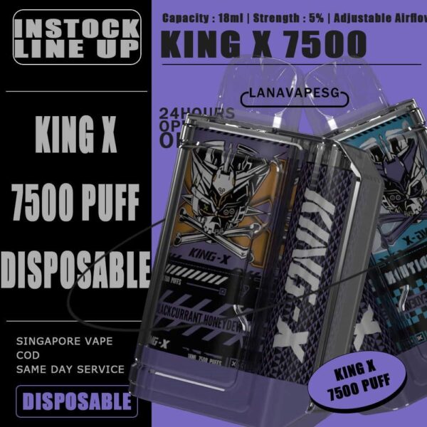 KING X 7500 DISPOSABLE - VAPE SG King X 7500 Disposable Vape is founded by Lost Vape Company. It is rechargeable, adjustable air flow and fancy clear transparent design, is well-known in the market due to its excellent flavour and low pricing. Many customer cannot refuse King X especially young generation. Specification : Up to 7500 Puffs Rechargeable Type C 650mAh Battery Capacity 18ML Liquid Capacity Adjustable Airflow ⚠️KING X 7500 DISPOSABLE FLAVOUR LIST ⚠️ Blackcurrant Honeydew Caramel Pudding Coffee Hazelnut Grape Ice Cream Strawberry Cheesecake Watermelon Mango Strawberry Watermelon Strawberry Mango Grapefruit Watermelon Mango Guava Ice coffee hazelnut caramel Blackgrape Kiwi Guava Strawberry Oat Milk Goosebery Mango Watermelon Mango (FREEZY EDITION) Blackcurrant Honeydew (FREEZY EDITION) Melon Milk (FREEZY EDITION) SG VAPE COD SAME DAY DELIVERY , CASH ON DELIVERY ONLY. ORDER BEFORE 5PM , SAME DAY NIGHT SLOT 7PM – 10PM RECEIVED PARCEL. TAKE BULK ORDER /MORE ORDER PLS CONTACT US : LANAVAPESG WHATSAPP VIEW OUR DAILY NEWS INFORMATION VAPE : LANAVAPESG CHANNEL