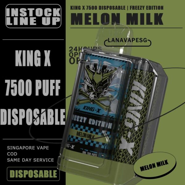 KING X 7500 DISPOSABLE VAPE is READY STOCK from our LANAVAPESG store , Choose flavour and place order now for same day delivery ! Specification : Up to 7500 Puffs Rechargeable Type C 650mAh Battery Capacity 18ML Liquid Capacity Adjustable Airflow KING X 7500 DISPOSABLE FLAVOUR LIST :  Blackcurrant Honeydew Caramel Pudding Coffee Hazelnut Grape Ice Cream Strawberry Cheesecake Watermelon Mango Strawberry Watermelon Strawberry Mango Grapefruit Watermelon Mango Guava Ice coffee hazelnut caramel Blackgrape Kiwi Guava Strawberry Oat Milk Goosebery Mango Watermelon Mango (FREEZY EDITION) Blackcurrant Honeydew (FREEZY EDITION) Melon Milk (FREEZY EDITION) SG VAPE COD SAME DAY DELIVERY , CASH ON DELIVERY ONLY. ORDER BEFORE 5PM , SAME DAY NIGHT SLOT 7PM – 10PM RECEIVED PARCEL. TAKE BULK ORDER /MORE ORDER PLS CONTACT US : LANAVAPESG WHATSAPP VIEW OUR DAILY NEWS INFORMATION VAPE : LANAVAPESG CHANNEL