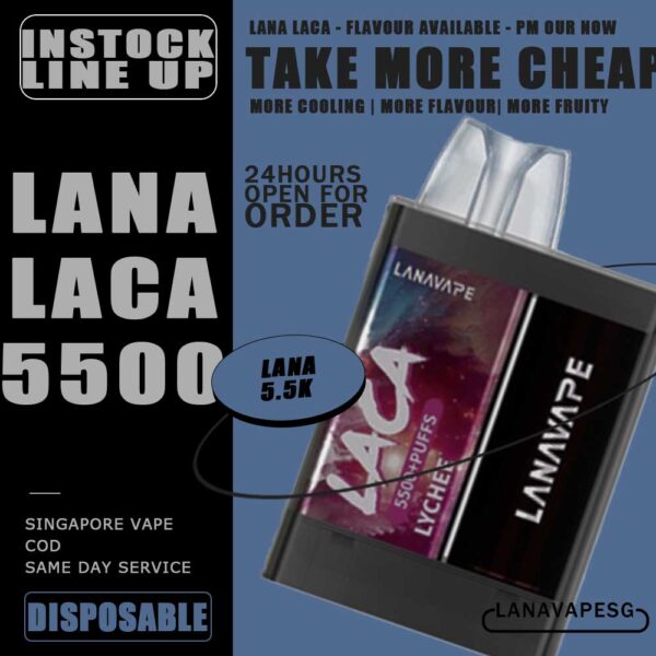 LANA LACA 5500 DISPOSABLE - SG VAPE SHOP COD The LANA Laca 5500 Disposable Pod come completely energized out of the box with a 600mAh battery, allowing you to appreciate 5500 puffs in a large number of various flavors. This stylish vape disposable also features 12mL of 3.5% salt nicotine e-liquid, is fully disposable for maximum convenience. Lana laca device features an ergonomic design that is comfortable to hold and use, with a mouthpiece that enhances the using experience. With an impressive 5500 puffs per device, this device offers a long-lasting and convenient vaping experience Specifications:  Nicotine 35mg (3.5%) Approx. 5500 puffs Capacity 12ml Rechargeable Battery 600mAh Charging Port: Type-C ⚠️LANA LACA 5500 DISPOSABLE FLAVOUR LINE UP⚠️ Watermelon Grape Apple Lemon Sparkling Wine Iced Cola Solero Ice Cream Jasmine Green Tea Vitagen Yogurt Tropical Fruit Mixed Fruit Grape Apple Champagne Cool Mint Peach Tie Guan Yin CanTaloupe Strawberry Watermelon PassionFruit Rootbeer Lychee Grape Lychee Mango Grape Peach Oolong Tea Watermelon Lychee SG VAPE COD SAME DAY DELIVERY , CASH ON DELIVERY ONLY. ORDER BEFORE 5PM , SAME DAY NIGHT SLOT 7PM – 10PM RECEIVED PARCEL. TAKE BULK ORDER /MORE ORDER PLS CONTACT US : LANAVAPESG WHATSAPP VIEW OUR DAILY NEWS INFORMATION VAPE : LANAVAPESG CHANNEL