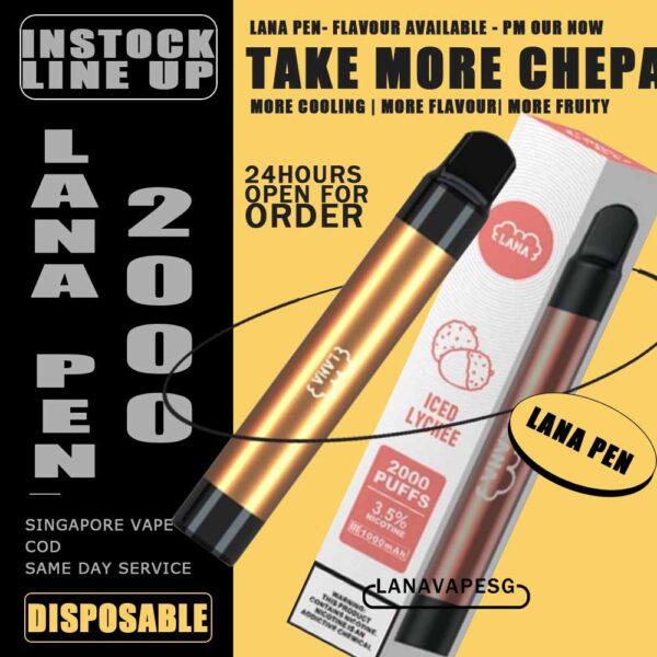LANA PEN 2K DISPOSABLE - VAPE SG Take the Best Seller Flavour Top 3 from LANA PEN DISPOSABLE ! Tie Guan Yin The taste of Lana pen 2K disposable vapes of the tieguanyin flavor is very unique. It breaks the previous fruit flavor and integrates the mellow taste of Tieguanyin tea into it. Fragrance of tea Mixed Fruit MIXED FRUIT Disposable Vape  is the latest disposable electronic cigarette flavor developed by lana. It incorporates the flavor of skittles into electronic cigarettes. , whether you are a primary user of electronic cigarettes or a professional, it is easy to activate it, very simple, its fashionable appearance makes you the most shining star in the crowd. Sweet Peach Lana pen 2000 disposable vapes of the sweet peach flavor is a little sweeter than other flavors. It is mixed with the fruity aroma of fresh peach, sweet and slightly icy roar but not Very exciting, the taste is relatively rich, if you have friends who like the aroma of peach, this is definitely your best choice. SPECIFITION : Nicotine : 5% E-Liquid : 6ml Capacity : 6ml Non-Rechargeable ⚠️LANA PEN 2000 DISPOSABLE FLAVOUR LIST⚠️ Apple Berry Coke Grape Lush Ice Lychee Mango Milkshake Mineral Mixed Fruit Passion Peach Skittles Strawberry Strw Watermelon Tie Guan Yin Lemon Tart Cantaloupe Super Mint SG VAPE COD SAME DAY DELIVERY , CASH ON DELIVERY ONLY. ORDER BEFORE 5PM , SAME DAY NIGHT SLOT 7PM – 10PM RECEIVED PARCEL. TAKE BULK ORDER /MORE ORDER PLS CONTACT US : LANAVAPESG WHATSAPP VIEW OUR DAILY NEWS INFORMATION VAPE : LANAVAPESG CHANNEL