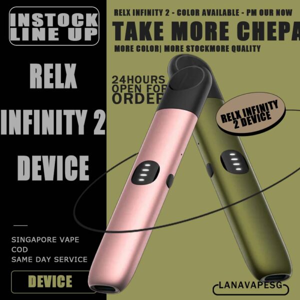 RELX INFINITY 2 DEVICE  - SG VAPE SHOP COD RELX INFINITY 2 DEVICE , is LANA VAPE SG , SG VAPE SHOP COD READY STOCK. The first power adjustable pod vape device with 3-level power adjustment . Currently available in Blue Bay, Cherry Blossom, Dark Asteroid, Green Navy, Obsidian Black and Royal Indigo colours. Please note that the Infinity 2 device and its pods are sold separately. Remember to add Infinity pods to your cart and then checkout. Specification : Baterry: 440mAh Charger: Type-C Power Adjustable: (Green Light 5.5W) (Blue Light 6.5W) (Purple Light 8W) ⚠️RELX INFINITY 2 DEVICE AVAILABLE COLOR⚠️ Obsidian Black Dark Asteroid (Grey) Blue Bay Cherry Blossom (Pink) Green Navy Royal Indigo (Purple) SG VAPE COD SAME DAY DELIVERY , CASH ON DELIVERY ONLY. ORDER BEFORE 5PM , SAME DAY NIGHT SLOT 7PM – 10PM RECEIVED PARCEL. TAKE BULK ORDER /MORE ORDER PLS CONTACT US : LANAVAPESG WHATSAPP VIEW OUR DAILY NEWS INFORMATION VAPE : LANAVAPESG CHANNEL