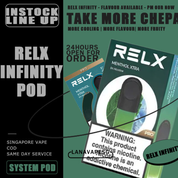 RELX INFINITY POD - SG VAPE SHOP COD Specification : Nicotine : 0% / 3% / 3.5% / 5% Capacity: 2ml Life Span: 500-650 puff Package Included : 1 Pack of 3 pods ⚠️ RELX INFINITY POD FLAVOUR LINE UP⚠️ Blueberry Splash – Blueberry Classic Tobacco (5%) Crisp Green – Green Apple Dark Sparkle – Cola Coke Exotic Passion – Passion Fruit Extra Menthol – Mint (5%) Fragrant Fruit – Lychee Fresh Red – Watermelon Fresh Zest – Lemon Zest Golden Crystal – Honey Grapefruit Golden Heart – Strawberry Golden Slice – Mango Hawaiian Sunshine – Pineapple Iced Black Tea Iced Latte Jasmine Green Tea Long Jing Ice Tea Ludou Ice – Green Bean Mellow Melody – Honeydew Melon Mint Freezy (5%) Oolong Ice Tea Orchard Rounds – Fresh Peach Rich Tobacco (5%) Root Brew – Rootbeer Strawberry Burst (3.5%) Sunny Sparkle – Orange Sunset Paradise – Guava Tangy Green – Grape Apple Tangy Purple – Grape Taro Scoop Thai Milk Tea White Coffee White Freeze – Icy Slush Zesty Menthol – Lemon Mint (5%) Zesty Sparkle – Sprite ⚠️RELX INFINITY POD COMPATIBLE DEVICE WITH⚠️ DD CUBE DEVICE RELX INFINITY PLUS DEVICE RELX ESSENTIAL DEVICE RELX INFINITY 2 DEVICE SG VAPE COD SAME DAY DELIVERY , CASH ON DELIVERY ONLY. ORDER BEFORE 5PM , SAME DAY NIGHT SLOT 7PM – 10PM RECEIVED PARCEL. TAKE BULK ORDER /MORE ORDER PLS CONTACT US : LANAVAPESG WHATSAPP VIEW OUR DAILY NEWS INFORMATION VAPE : LANAVAPESG CHANNEL