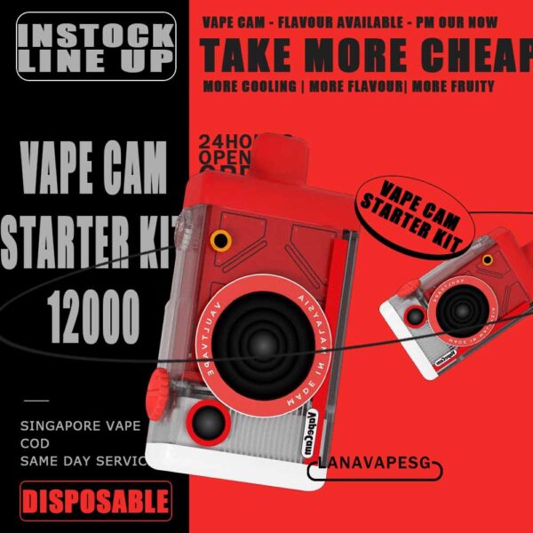 VAPE CAM FULL SET 12000 DISPOSABLE , This Product is Battery with Refilled Cartridge Pod STARTER KIT . READY STOCK from our LANAVAPESG store , Choose flavour and place order now for same day delivery ! Specifications : Adjustable Airflow 650mAH Prefilled Exchangeable Cartridge LED integrated VAPE CAM 12000 FULL SET STATER KIT FLAVOUR LIST : Kiwi Passion Aloe Vera Sundae Ice Cream Original Yakult Grape Yogurt Mango Blackcurrant Solero Ice Cream Mango Peach Yogurt Rainbow Ice Cream Blueberry Jam Grape Apple Honeydew Melon Lychee Longan Peach Yogurt Guava Lychee SG VAPE COD SAME DAY DELIVERY , CASH ON DELIVERY ONLY. ORDER BEFORE 5PM , SAME DAY NIGHT SLOT 7PM – 10PM RECEIVED PARCEL. TAKE BULK ORDER /MORE ORDER PLS CONTACT US : LANAVAPESG WHATSAPP VIEW OUR DAILY NEWS INFORMATION VAPE : LANAVAPESG CHANNEL