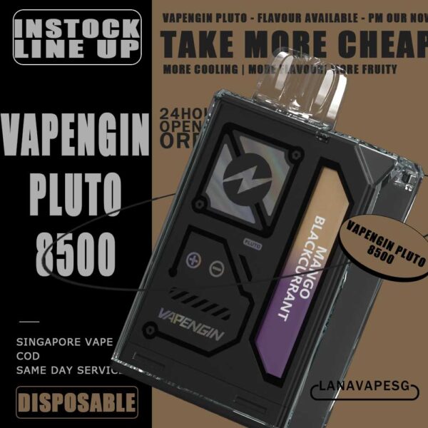 VAPENGIN PLUTO 8500 DISPOSABLE The Vapengin Pluto 8500 Puffs, is a revolutionary vaping device packed with advanced features. Its sleek Crystal Case Design not only adds a touch of elegance but also provides durability. With the Power Display, you can easily monitor the battery level, ensuring uninterrupted vaping pleasure. The eJuice Display allows you to keep track of your e-liquid consumption for a hassle-free experience. With an impressive capacity of 8500 Puffs, this device ensures long-lasting vaping sessions. The generous 17ml e-Juice Capacity ensures fewer refills, while the optional Nicotine Strength of 50mg or 20mg caters to individual preferences. Equipped with a reliable Mesh coil, the Vapengin Pluto delivers smooth and flavorful hits. The 500mAh rechargeable battery ensures extended usage and the convenient Type-C Fast Rechargeable port offers quick and efficient charging. This compact device is perfect for on-the-go vaping. Experience the ultimate vaping satisfaction with the Vapengin Pluto 8500 Puffs Disposable eCig. Specifications : Nicotine 50mg (5%) Approx. 8500 puffs Rechargeable Battery Smart Screen Indicator Charging Port: Type-C VAPENGIN PLUTO 8500 DISPOSABLE FLAVOUR LIST : Caramel Popcorn Cranberry Strawberry Guava Pear Honeydew Blackcurrant Kopi Mango Blackcurrant Rootbeer Float Yakult Original Lemon Ice Water SG VAPE COD SAME DAY DELIVERY , CASH ON DELIVERY ONLY. ORDER BEFORE 5PM , SAME DAY NIGHT SLOT 7PM – 10PM RECEIVED PARCEL. TAKE BULK ORDER /MORE ORDER PLS CONTACT US : LANAVAPESG WHATSAPP VIEW OUR DAILY NEWS INFORMATION VAPE : LANAVAPESG CHANNEL