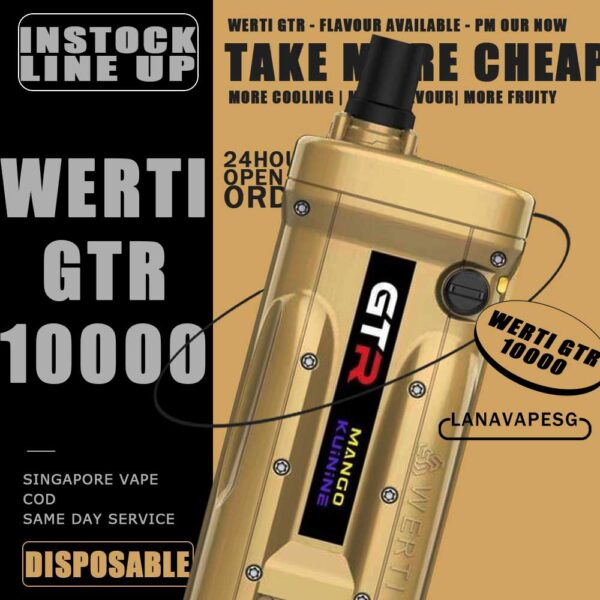 WERTI GTR VAPE 10000 DISPOSABLE - VAPE SG The new WERTI GTR 10000 Puff Disposable Vape is available in Vape Singapore . With an eye striking design taking inspiration from sports cars and racing culture and with a huge tank liquid enough for 10,000 puff, this disposable pod is ideal for individuals that desire something smooth and attractive. 650 mah rechargeable Type C battery with 1.0 mesh coil. Specification : Nicotine : 5% Battery : 650mAh Charging : Rechargable with Type C Adjustable : Airflow ⚠️WERTI GTR 10000 FLAVOUR LINE UP LIST⚠️ Green Mango Honeydew Melon Cola Peach Mango Mango Kuinine Mix Berry Yakult Grape Yogurt Blackcurrant Yakult Triple Mint Popcorn Yakult Strawberry Yakult Original Cheesecake Grape Candy Sirap Bandung Strawberry Watermelon Yogurt Strawberry Apple SG VAPE COD SAME DAY DELIVERY , CASH ON DELIVERY ONLY. ORDER BEFORE 5PM , SAME DAY NIGHT SLOT 7PM – 10PM RECEIVED PARCEL. TAKE BULK ORDER /MORE ORDER PLS CONTACT US : LANAVAPESG WHATSAPP VIEW OUR DAILY NEWS INFORMATION VAPE : LANAVAPESG CHANNEL