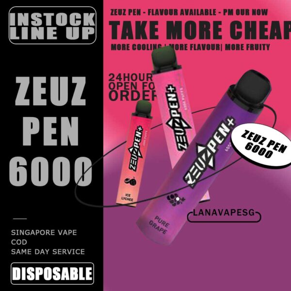 ZEUZ PEN 6000 / 6K DISPOSABLE - LANAVAPESG The Zeuz Pen 6000 / 6K Puffs Disposable in our Vape Singapore - LanaVapeSg Ready Stock on Sale , Get it now with us and same day delivery . Experience an elegant and sophisticated vape with Zeuz Pen Plus 6000 Puff. Featuring a sleek pen design that is discreet and lightweight, this rechargeable device offers up to 6000 puffs with a wide range of flavours and 3% nicotine. Enjoy the exclusivity of Zeuz Vape with the luxurious Zeuz Vape Plus 6000 Puff. Specification: Puff:6000puff Nicotine:5% Capacity:9ML Charging: With Type-C Usb Cable ⚠️ZEUZ PEN 6000 DISPOSABLE FLAVOUR LIST⚠️ Apple Banana Milkshake Extra Mint Honeydew Melon Hazelnut Coffe Icy Grape Ice Lychee Lemon Cola Lemon Bubblegum Red Bull Strawberry Ice Cream Triple Mango Tie Guan Yin The Real Rootbeer Watermelon Watermelon Candy Yakult SG VAPE COD SAME DAY DELIVERY , CASH ON DELIVERY ONLY. ORDER BEFORE 5PM , SAME DAY NIGHT SLOT 7PM – 10PM RECEIVED PARCEL. TAKE BULK ORDER /MORE ORDER PLS CONTACT US : LANAVAPESG WHATSAPP VIEW OUR DAILY NEWS INFORMATION VAPE : LANAVAPESG CHANNEL