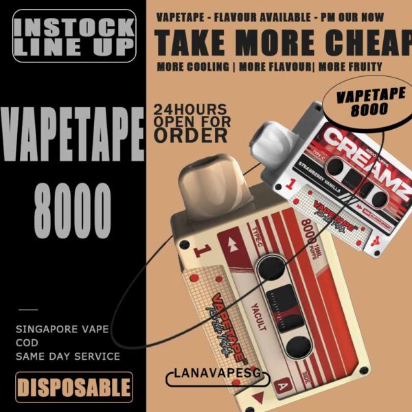 VAPETAPE 8000 DISPOSABLE - VAPE SG A Malaysian e-cigarette made specifically for the Malaysian palate, Vapetape 8000 Rechargeable Disposable , have features rich smells and delectable flavours. The new generation can't resist Vapetape's really fancy design, and the pricing is also reasonable. I would definitely recommend this Vape Sg! Vapetape 8000 Rechargeable Disposable is one of the best seller in our store also! More than 15 + vape flavours to choose ! We are the best online vape store in Singapore, therefore I guarantee you can test it Vapetape right now at Vape Singapore Shop. Try out quickly at our store now ! Specification : Capacity : 19ML Battery : 650mAH 8000 Puffs with Mesh Coil Charging Type-C Cable ⚠️VAPETAPE 8000 DISPOSABLE FLAVOUR LINE UP⚠️ Aloe Vera Yogurt Caramel Popcorn Creamy Taro Grape Apple Honeydew Strawberry Kiwi Watermelon Mango Lemonade Strawberry Mango Melon Mango Yacult Mixed Fruit Peach Tea Pineapple Lemon Strawberry Berries Strawberry Candy Strawberry Ice Cream Strawberry Vanilla Syrup Bandung Watermelon Berries Yacult SG VAPE COD SAME DAY DELIVERY , CASH ON DELIVERY ONLY. ORDER BEFORE 5PM , SAME DAY NIGHT SLOT 7PM – 10PM RECEIVED PARCEL. TAKE BULK ORDER /MORE ORDER PLS CONTACT US : LANAVAPESG WHATSAPP VIEW OUR DAILY NEWS INFORMATION VAPE : LANAVAPESG CHANNEL