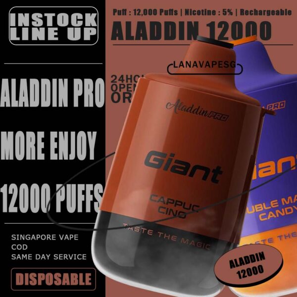 ALADDIN PRO MORE ENJOY 12000 DISPOSABLE Specifications : Puff : 12,000 Puffs Nicotine : 5% Charging : Rechargeable with Type C 1 Set come refill pod and battery ALADDIN PRO MORE ENJOY 12000 DISPOSABLE LIST : Energy Drink Guava Hazelnut Coffee Honeydew Yakult Lemon Yogurt Lychee Mango Peach Rootbeer Ribena Yakult Strawberry Grape Strawberry Ice Cream Strawberry Kiwi Strawberry Mango SG VAPE COD SAME DAY DELIVERY , CASH ON DELIVERY ONLY. ORDER BEFORE 5PM , SAME DAY NIGHT SLOT 7PM – 10PM RECEIVED PARCEL. TAKE BULK ORDER /MORE ORDER PLS CONTACT US : LANAVAPESG WHATSAPP VIEW OUR DAILY NEWS INFORMATION VAPE : LANAVAPESG CHANNEL