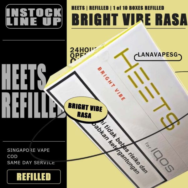 BRIGHT VIBE - HEETS REFILL ( SG VAPE ) BRIGHT VIBE flavour are soft mouthfeel, light taste, refreshing, cooling sensation and fresh fruit aroma.  contain a special blend of tobacco and can only be used with the IQOS system. Package Include : 1 Items = 1 Strip (10 boxes) *We Guarantee You The Sale Of 100% Original.* Best Seller of HEETS REFILL,READY STOCK NOW! Get it Now with SG VAPE ! *ABOVE SGD250 FREE DELIVERY CONTACT US !* SG VAPE COD SAME DAY DELIVERY , CASH ON DELIVERY ONLY. ORDER BEFORE 5PM , SAME DAY NIGHT SLOT 7PM – 10PM RECEIVED PARCEL. TAKE BULK ORDER /MORE ORDER PLS CONTACT US : LANAVAPESG WHATSAPP VIEW OUR DAILY NEWS INFORMATION VAPE : LANAVAPESG CHANNEL