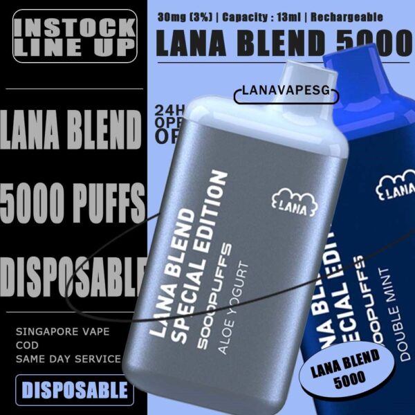 LANA BLEND EDITION 5000 DISPOSABLE Lana Blend Edition 5000 Disposable Tie Guan Yin Vape is a compact and stylish disposable vape kit that offers a convenient and satisfying vaping experince,it is perfect for those who prefer a simple yet stylish look. One of the standout features of the Lanabar 5000 is its flavour optiones. The device offers a range of flavours to choose from, each with its own unique taste profile. The flavours are well-balanced do not contain any harsh or irritant ingredients, making for a smooth and enjoyable vaping exprience. whether you prefer sweet, fruity or menthol flavors, the lanabar 5000 has something for everyone. Another advantage of the lanabar 5000 is its size and portability. Specifications : Puff : 5000 Puffs Nicotine : 3% Capacity : 13ml Battery : 850mAh Charging : Rechargeable with Type C LANA BLEND SPECIAL 5000 PUFFS DISPOSABLE LIST : Aloe Yogurt Mango Peach Ice Strawberry Mango Ice Grape Apple Ice Grape Honey Grape Bubblegum Double Mint Chrysanthemum Tea Ice Lemon Tea Sea Salt Lemon Tie Guan Yin Yakult SG VAPE COD SAME DAY DELIVERY , CASH ON DELIVERY ONLY. ORDER BEFORE 5PM , SAME DAY NIGHT SLOT 7PM – 10PM RECEIVED PARCEL. TAKE BULK ORDER /MORE ORDER PLS CONTACT US : LANAVAPESG WHATSAPP VIEW OUR DAILY NEWS INFORMATION VAPE : LANAVAPESG CHANNEL