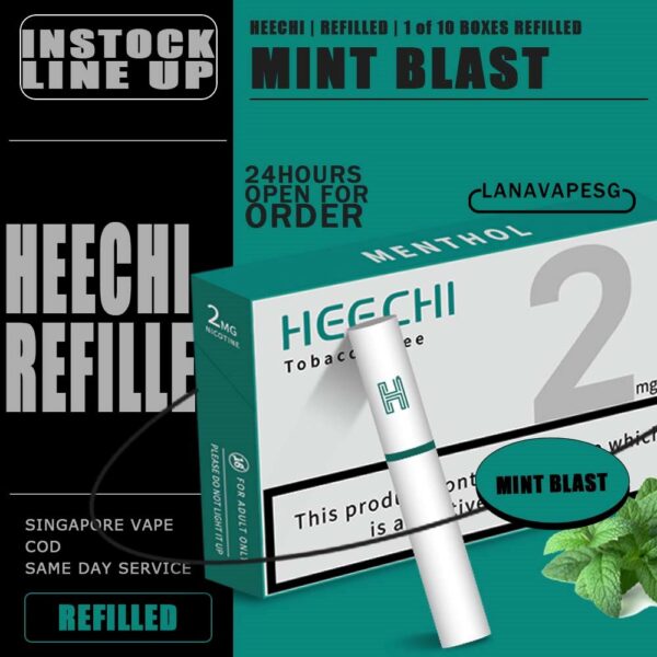 MINT BLAST - HEECHI ( SG VAPE ) MINT BLAST flavour are Available in a pack of 20 sticks . FEATURES : Contains Nicotine Does not produce Tar Easily replaceable sticks Produces great flavour and vapour Package Include : 1 Items = 1 Strip (10 boxes) *We Guarantee You The Sale Of 100% Original.* Best Seller of  HEECHI ,READY STOCK NOW! Get it Now with SG VAPE ! *ABOVE SGD250 FREE DELIVERY CONTACT US !* SG VAPE COD SAME DAY DELIVERY , CASH ON DELIVERY ONLY. ORDER BEFORE 5PM , SAME DAY NIGHT SLOT 7PM – 10PM RECEIVED PARCEL. TAKE BULK ORDER /MORE ORDER PLS CONTACT US : LANAVAPESG WHATSAPP VIEW OUR DAILY NEWS INFORMATION VAPE : LANAVAPESG CHANNEL