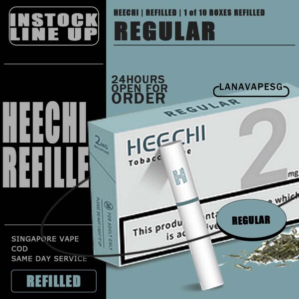 REGULAR - HEECHI ( SG VAPE ) REGULAR flavour are Available in a pack of 20 sticks . FEATURES : Contains Nicotine Does not produce Tar Easily replaceable sticks Produces great flavour and vapour Package Include : 1 Items = 1 Strip (10 boxes) *We Guarantee You The Sale Of 100% Original.* Best Seller of  HEECHI ,READY STOCK NOW! Get it Now with SG VAPE ! *ABOVE SGD250 FREE DELIVERY CONTACT US !* SG VAPE COD SAME DAY DELIVERY , CASH ON DELIVERY ONLY. ORDER BEFORE 5PM , SAME DAY NIGHT SLOT 7PM – 10PM RECEIVED PARCEL. TAKE BULK ORDER /MORE ORDER PLS CONTACT US : LANAVAPESG WHATSAPP VIEW OUR DAILY NEWS INFORMATION VAPE : LANAVAPESG CHANNEL