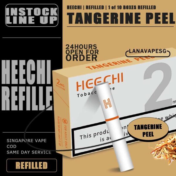 TANGERINE PEEL - HEECHI ( SG VAPE ) TANGERINE PEEL flavour are Available in a pack of 20 sticks . FEATURES : Contains Nicotine Does not produce Tar Easily replaceable sticks Produces great flavour and vapour Package Include : 1 Items = 1 Strip (10 boxes) *We Guarantee You The Sale Of 100% Original.* Best Seller of  HEECHI ,READY STOCK NOW! Get it Now with SG VAPE ! *ABOVE SGD250 FREE DELIVERY CONTACT US !* SG VAPE COD SAME DAY DELIVERY , CASH ON DELIVERY ONLY. ORDER BEFORE 5PM , SAME DAY NIGHT SLOT 7PM – 10PM RECEIVED PARCEL. TAKE BULK ORDER /MORE ORDER PLS CONTACT US : LANAVAPESG WHATSAPP VIEW OUR DAILY NEWS INFORMATION VAPE : LANAVAPESG CHANNEL