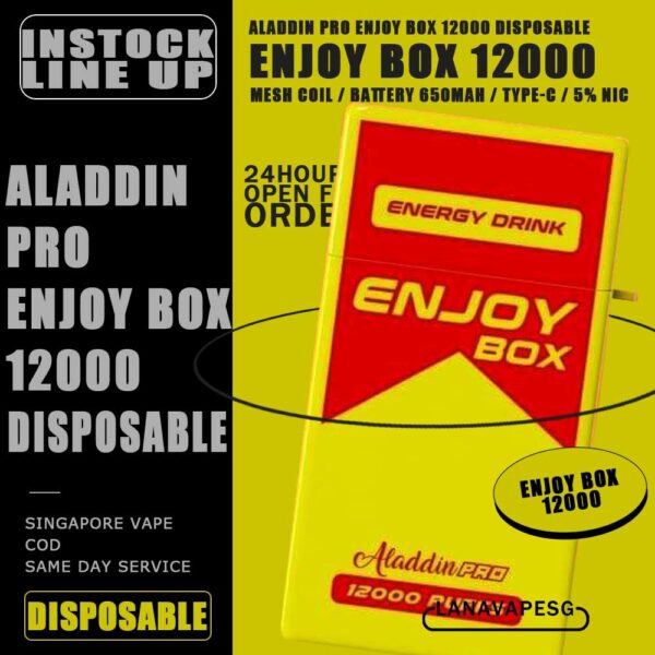 ALADDIN PRO ENJOY BOX 12000 DISPOSABLE The ENJOY BOX 12K DISPOSABLE is a Malaysian E-Cigarette specially produced to suits the Malaysian taste buds with rich aromas and delicious flavors. The ALADDIN PRO ENJOY BOX 12000 PUFFS Product is got 17pcs + flavours line up , choose your flavour and get it now with us Vape Singapore! Specification : Puffs : 12,000 Coil : 1.0 Ohm Mesh coil Battery Capacity : 650mAh Rechargeable Nicotine Strength : 5% Charging Time : Roughly 10 min - 15 min ⚠️ENJOY BOX 12000 FLAVOUR LINE UP⚠️ Energy Drink Guava Hazelnut Coffee Strawberry Mango Cappucino Honeydew Sirap Bandung Mango Yakolt Strawberry Grape Double Mango Candy Honeydew Yakolt Mango Peach Mango Yakolt Sour Bubblegum Solero Lime Strawberry Blackcurrant White Coffee Mango Bubblegum Strawberry Bubblegum Mixed Bubblegum Solero Yakult SG VAPE COD SAME DAY DELIVERY , CASH ON DELIVERY ONLY. ORDER BEFORE 5PM , SAME DAY NIGHT SLOT 7PM – 10PM RECEIVED PARCEL. TAKE BULK ORDER /MORE ORDER PLS CONTACT US : LANAVAPESG WHATSAPP VIEW OUR DAILY NEWS INFORMATION VAPE : LANAVAPESG CHANNEL