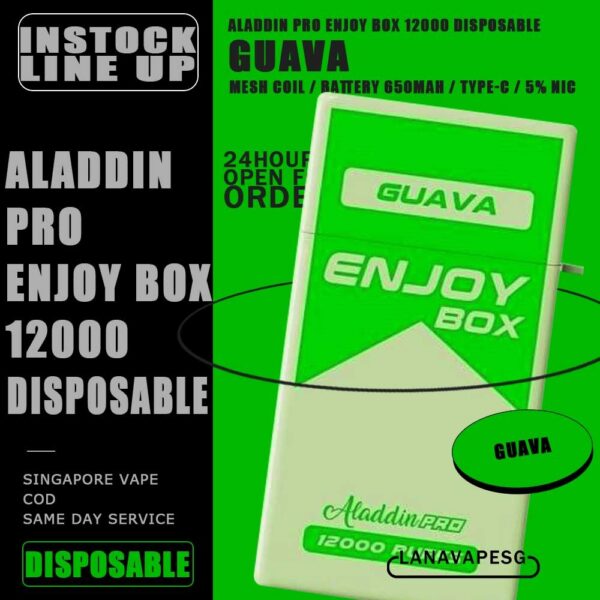 ALADDIN PRO ENJOY BOX 12000 DISPOSABLE ALADDIN PRO ENJOY BOX 12K DISPOSABLE is a Malaysian E-Cigarette specially produced to suits the Malaysian taste buds with rich aromas and delicious flavors. The ENJOY BOX 12000 Product is got 17pcs flavours line up , choose your flavour and get it now with us! Specification : Puffs : 12,000 Coil : 1.0 Ohm Mesh coil Battery Capacity : 650mAh Rechargeable Nicotine Strength : 5% Charging Time : Roughly 10 min - 15 min ⚠️ENJOY BOX 12000 FLAVOUR LINE UP⚠️ Energy Drink Guava Hazelnut Coffee Strawberry Mango Cappucino Honeydew Sirap Bandung Mango Yakolt Strawberry Grape Double Mango Candy Honeydew Yakolt Mango Peach Mango Yakolt Sour Bubblegum Solero Lime Strawberry Blackcurrant SG VAPE COD SAME DAY DELIVERY , CASH ON DELIVERY ONLY. ORDER BEFORE 5PM , SAME DAY NIGHT SLOT 7PM – 10PM RECEIVED PARCEL. TAKE BULK ORDER /MORE ORDER PLS CONTACT US : LANAVAPESG WHATSAPP VIEW OUR DAILY NEWS INFORMATION VAPE : LANAVAPESG CHANNEL