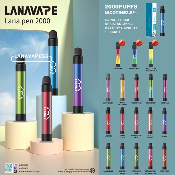 LANA PEN 2000 DISPOSABLE X 10PCS - SG VAPE SHOP COD The Lana pen 2000 Disposable x 10pcs is chepaer bundle set from LANAVAPESG . FREE DELIVERY. Features: Nioctine 35mg/ml Built-in Battery 1000mAh Capacity 6ml per pod Package Included: 10 PCS FLAVOUR ⚠️LANA PEN 2000 DISPOSABLE FLAVOUR LINE UP⚠️ Berry Coke Grape Lush Ice Lychee Mango Milkshake Mineral Mixed Fruit Passion Peach Skittles Sour Apple Strawberry Milk Strawberry Watermelon Tie Guan Yin Lemon Tart Cantaloupe Super Mint SG VAPE COD SAME DAY DELIVERY , CASH ON DELIVERY ONLY. ORDER BEFORE 5PM , SAME DAY NIGHT SLOT 7PM – 10PM RECEIVED PARCEL. TAKE BULK ORDER /MORE ORDER PLS CONTACT US : LANAVAPESG WHATSAPP VIEW OUR DAILY NEWS INFORMATION VAPE : LANAVAPESG CHANNEL