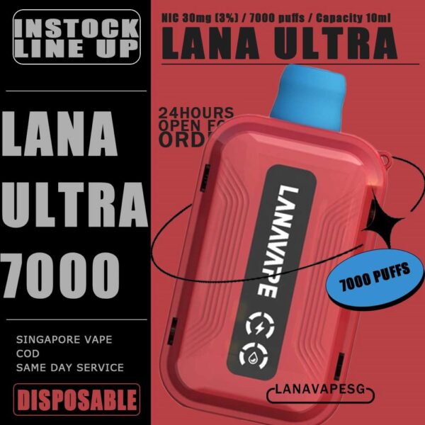 LANA ULTRA 7000 DISPOSABLE - VAPE SG The LANA Ultra 7000 Puffs disposable vape is a vaporizer that contains 3% nicotine. This disposable device is designed to provide users with the best quality vapor possible, making it an excellent choice for those who enjoy nicotine. This device was specifically created to offer a superior experience for nicotine enthusiasts and can enhance your buzz for a significant amount of time. lt's featured an intelligent LED display shows the battery life and eliquid indicator. The e-Liquid indicator is shown as a waterdrop let with lines in it. It is with mesh coil. These devices use a heating element that has two layers of mesh material, creating a larger surface area for the e-liquid to contact and heat up evenly. Specifications : Nicotine 30mg (3%) Approx. 7000 puffs Capacity 10ml Rechargeable Battery 550mAh Charging Port: Type-C ⚠️LANA ULTRA 7000 FLAVOUR LIST⚠️ Cool Lychee Chilled Watermelon Grape Ribena Jasmine Longjing Tea Lemon Cola Mango Yakult Mixed Berries Peach Oolong Sea Salt Lemon Strawberry Kiwi Tieguanyin Tea Ultra Freeze SG VAPE COD SAME DAY DELIVERY , CASH ON DELIVERY ONLY. ORDER BEFORE 5PM , SAME DAY NIGHT SLOT 7PM – 10PM RECEIVED PARCEL. TAKE BULK ORDER /MORE ORDER PLS CONTACT US : LANAVAPESG WHATSAPP VIEW OUR DAILY NEWS INFORMATION VAPE : LANAVAPESG CHANNEL