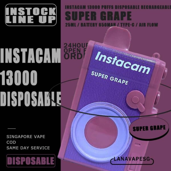 INSTACAM 13000 DISPOSABLE - VAPE SG INSTACAM 13K PUFFS DISPOSABLE is a Malaysian E-Cigarette specially produced to suits the Malaysian taste buds with rich aromas and delicious flavors. INSTACAM 13000 Product is got 10pcs flavours line up , choose your flavour and get it now with us! Specification : Approx. 13000 Puffs Capacity: 25ml Rechargeable Battery 650mAh Charging Port: Type-C Smooth Air Flow ⚠️INSTACAM 13000 DISPOSABLE FLAVOUR LINE UP⚠️ Strawberry Ice Cream Sundae Double Mango Candy Grape Bubblegum Blackcurrant Melon Strawberry Mango Solero Watermelon Kiwi Super Grape Grape Lychee SG VAPE COD SAME DAY DELIVERY , CASH ON DELIVERY ONLY. ORDER BEFORE 5PM , SAME DAY NIGHT SLOT 7PM – 10PM RECEIVED PARCEL. TAKE BULK ORDER /MORE ORDER PLS CONTACT US : LANAVAPESG WHATSAPP VIEW OUR DAILY NEWS INFORMATION VAPE : LANAVAPESG CHANNEL