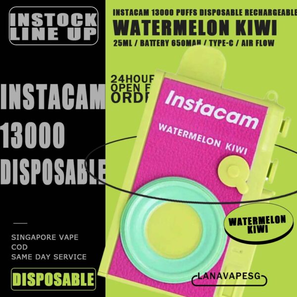 INSTACAM 13000 DISPOSABLE - VAPE SG INSTACAM 13K PUFFS DISPOSABLE is a Malaysian E-Cigarette specially produced to suits the Malaysian taste buds with rich aromas and delicious flavors. INSTACAM 13000 Product is got 10pcs flavours line up , choose your flavour and get it now with us! Specification : Approx. 13000 Puffs Capacity: 25ml Rechargeable Battery 650mAh Charging Port: Type-C Smooth Air Flow ⚠️INSTACAM 13000 DISPOSABLE FLAVOUR LINE UP⚠️ Strawberry Ice Cream Sundae Double Mango Candy Grape Bubblegum Blackcurrant Melon Strawberry Mango Solero Watermelon Kiwi Super Grape Grape Lychee SG VAPE COD SAME DAY DELIVERY , CASH ON DELIVERY ONLY. ORDER BEFORE 5PM , SAME DAY NIGHT SLOT 7PM – 10PM RECEIVED PARCEL. TAKE BULK ORDER /MORE ORDER PLS CONTACT US : LANAVAPESG WHATSAPP VIEW OUR DAILY NEWS INFORMATION VAPE : LANAVAPESG CHANNEL