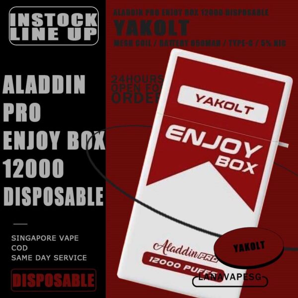 ALADDIN PRO ENJOY BOX 12000 DISPOSABLE ALADDIN PRO ENJOY BOX 12K DISPOSABLE is a Malaysian E-Cigarette specially produced to suits the Malaysian taste buds with rich aromas and delicious flavors. The ENJOY BOX 12000 Product is got 17pcs flavours line up , choose your flavour and get it now with us! Specification : Puffs : 12,000 Coil : 1.0 Ohm Mesh coil Battery Capacity : 650mAh Rechargeable Nicotine Strength : 5% Charging Time : Roughly 10 min - 15 min ⚠️ENJOY BOX 12000 FLAVOUR LINE UP⚠️ Energy Drink Guava Hazelnut Coffee Strawberry Mango Cappucino Honeydew Sirap Bandung Mango Yakolt Strawberry Grape Double Mango Candy Honeydew Yakolt Mango Peach Mango Yakolt Sour Bubblegum Solero Lime Strawberry Blackcurrant SG VAPE COD SAME DAY DELIVERY , CASH ON DELIVERY ONLY. ORDER BEFORE 5PM , SAME DAY NIGHT SLOT 7PM – 10PM RECEIVED PARCEL. TAKE BULK ORDER /MORE ORDER PLS CONTACT US : LANAVAPESG WHATSAPP VIEW OUR DAILY NEWS INFORMATION VAPE : LANAVAPESG CHANNEL