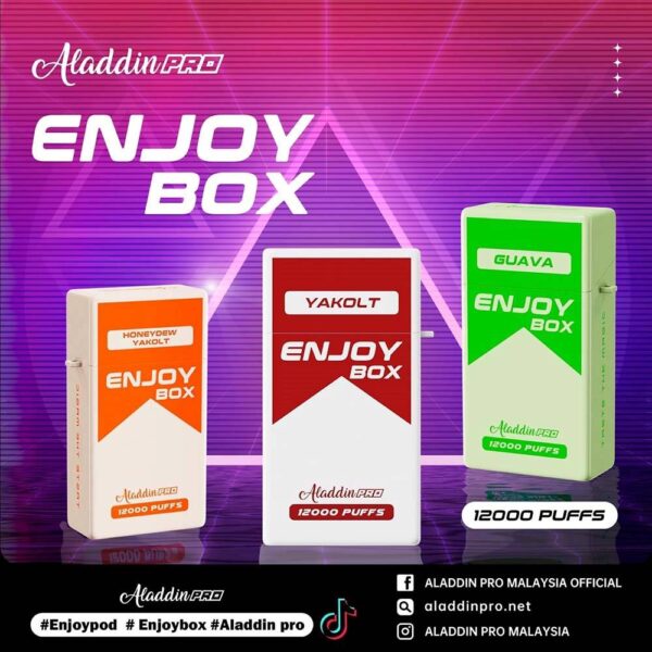 10 X ALADDIN PRO ENJOY BOX 12000 DISPOSABLE 10 X ALADDIN PRO ENJOY BOX 12K DISPOSABLE FREE DELIVERY The ENJOY BOX 12K DISPOSABLE is a Malaysian E-Cigarette specially produced to suits the Malaysian taste buds with rich aromas and delicious flavors. The ALADDIN PRO ENJOY BOX 12000 PUFFS Product is got 17pcs + flavours line up , choose your flavour and get it now with us Vape Singapore! Specification : Puffs : 12,000 Coil : 1.0 Ohm Mesh coil Battery Capacity : 650mAh Rechargeable Nicotine Strength : 5% Charging Time : Roughly 10 min – 15 min ⚠️ALADDIN PRO ENJOY BOX 12000 FLAVOUR LINE UP⚠️ Energy Drink Guava Hazelnut Coffee Strawberry Mango Cappucino Honeydew Sirap Bandung Mango Yakolt Strawberry Grape Double Mango Candy Honeydew Yakolt Mango Peach Mango Yakolt Sour Bubblegum Solero Lime Strawberry Blackcurrant SG VAPE COD SAME DAY DELIVERY , CASH ON DELIVERY ONLY. ORDER BEFORE 5PM , SAME DAY NIGHT SLOT 7PM – 10PM RECEIVED PARCEL. TAKE BULK ORDER /MORE ORDER PLS CONTACT US : LANAVAPESG WHATSAPP VIEW OUR DAILY NEWS INFORMATION VAPE : LANAVAPESG CHANNEL
