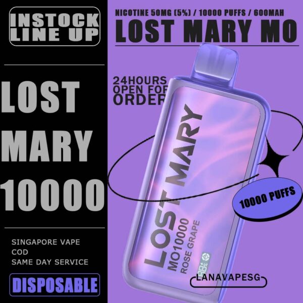LOST MARY MO 10000 DISPOSABLE The Lost Mary Mo 10000 Puffs Disposable Vape in our Vape Singapore Store Ready Stock , Get it now with us same day delivery ! Are you ready to embark on a vaping journey like never before? Introducing the Lost Mary Mo10000 Disposable, an extraordinary vaping companion that offers an astounding 10,000 puffs of pure vaping pleasure. Designed within a sleek 18mL device and boasting a nicotine strength of 50mg, this disposable vape is the ultimate choice for those who crave both endurance and intense flavor. Specification: Approx. 10000 Puffs Capacity 20ml E-liquid & Power Display Anti-Dry-Burn Protection Mesh Coil Rechargeable Battery 600mAh Charging Port: Type-C ⚠️LOST MARY MO 10000 DISPOSABLE LIST⚠️ Triple Mango Mango Orange Pineapple Lychee Cantaloupe Double Apple California Clear Blueberry Banana Bubblegum Peach Plus Ice Strawberry Yacult\ Rose Grape Solero Lime SG VAPE COD SAME DAY DELIVERY , CASH ON DELIVERY ONLY. ORDER BEFORE 5PM , SAME DAY NIGHT SLOT 7PM – 10PM RECEIVED PARCEL. TAKE BULK ORDER /MORE ORDER PLS CONTACT US : LANAVAPESG WHATSAPP VIEW OUR DAILY NEWS INFORMATION VAPE : LANAVAPESG CHANNEL