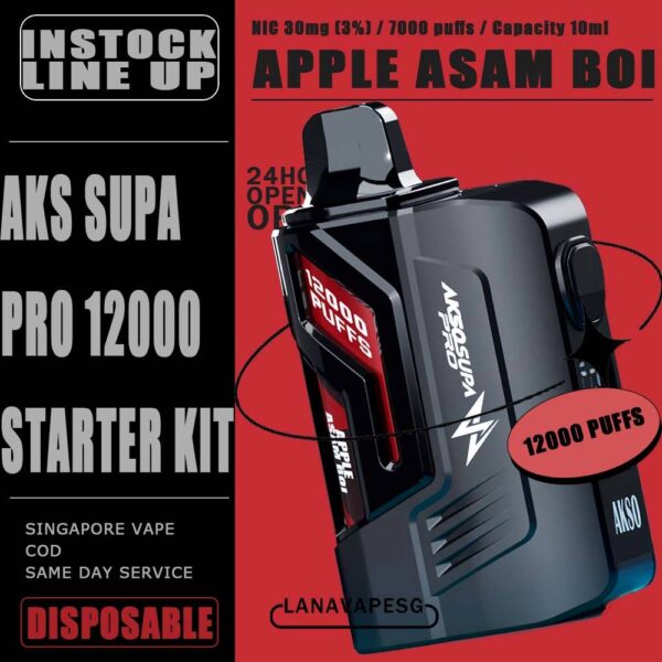AKSO SUPA PRO 12K Disposable The Akso Supa Pro 12K Disposable Has 12000 Puffs in our Vape Singapore Store , Ready Stock on sale , Get it now with us and same day delivery ! Experience vaping with the epitome of Supa pro 12000 close pod systems. It has the power of advanced chip sets to elevate your satisfaction with the booster button, and ensures safety with the child lock feature. Stay informed with precise indicators for battery and liquid levels. Your ultimate vaping journey awaits! Stay tuned! The Disposable Has 12000 puffs and available 12 pcs flavour stock . Specification : Puffs : 12000 Coil : Mesh coil Battery Capacity : Type-C Rechargeable Nicotine Strength : 5% ⚠️AKSO SUPA PRO 12000 STARTER KIT FLAVOUR LIST⚠️ Pomegranate Plum Guava Rootbeer Minty Gum Ice Watermelon Pineapple Orange Mango Lime Triple Mango Peanut Butter Toast Apple Asam Boi Blackcurrant Yakult Grape Nutty Tobacco Pineapple Mango SG VAPE COD SAME DAY DELIVERY , CASH ON DELIVERY ONLY. ORDER BEFORE 5PM , SAME DAY NIGHT SLOT 7PM – 10PM RECEIVED PARCEL. TAKE BULK ORDER /MORE ORDER PLS CONTACT US : LANAVAPESG WHATSAPP VIEW OUR DAILY NEWS INFORMATION VAPE : LANAVAPESG CHANNEL