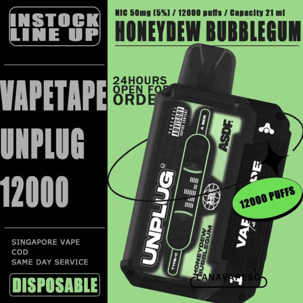 VAPETAPE UNPLUG 12000 DISPOSABLE The VAPETAPE UNPLUG 12000 DISPOSABLE in our Vape Singapore Shop - LanaVapeSg Ready stock , Get it now with us and same day delivery ! The Vapetape Unplug 12K by ASDF , provides an excellent vaping experience with a 12,000 puffs capacity. For ease of use and diversity, this disposable system combines with a 5% nicotine context and type C charghing port. Its creative design prioritises portability and ease of use while offering a fulfilling vaping experience. Users looking for a longer lasting choice without the inconvenience of refills or recharges may enjoy a customisable and controlled vaping experience with this device’s features including adjustable airflow and a battery indicator. Specification: Puffs : 12000 puffs Volume : 21ML Flavour Charging : Rechargeable with Type C Coil : Mesh Coil Fully Charged Time : 25mins Nicotine Strength : 5% ⚠️VAPETAPE UNPLUG 12K FLAVOUR LINE UP⚠️ Berries Yogurt Blackcurrant Berries Blackcurrant Bubblegum Double Grape Honeydew Bubblegum Honeydew Slurpee Mango Slurpee Solero Tropical Strawberry Grapple Watermelon Bubblegum SG VAPE COD SAME DAY DELIVERY , CASH ON DELIVERY ONLY. ORDER BEFORE 5PM , SAME DAY NIGHT SLOT 7PM – 10PM RECEIVED PARCEL. TAKE BULK ORDER /MORE ORDER PLS CONTACT US : LANAVAPESG WHATSAPP VIEW OUR DAILY NEWS INFORMATION VAPE : LANAVAPESG CHANNEL