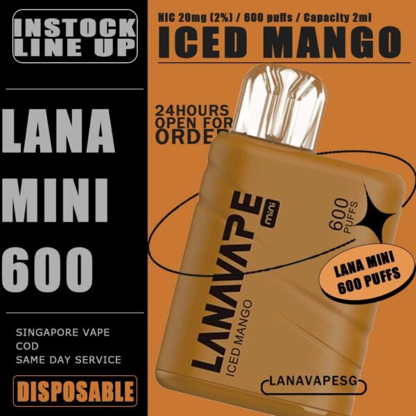 LANA MINI 600 DISPOSABLE Lana Mini 600 Disposable has a small body , large capacity , compact structure , ultra-thin body , small size, easy to carry . It is full of smoke , rich in taste and high in taste reduction . The Lana Mini Vape is made of composite cotton material , with nano-sized particles and molecules , and the atomization effect is better, fresh color, Skin-friendly texture . Independent mechanical adjustable airflow, safe and reliable . In our Vape Singapore - LanaVapeSg Ready stock and same day delivery . Specifition : Nicotine Strength: 2%(20mg) E-Liquid Capacity: 2ml Nicotine Type: Nic Salt Battery Capacity: 500mAh ⚠️LANA MINI 600 DISPOSABLE FLAVOUR LINE UP⚠️ Juicy Grape Peach Oolong Tea Tie Guan Yin Mineral Water Lemon Cola Blue Razz Peppermint Ice Lychee Ice Mango Strawberry Watermelon SG VAPE COD SAME DAY DELIVERY , CASH ON DELIVERY ONLY. ORDER BEFORE 5PM , SAME DAY NIGHT SLOT 7PM – 10PM RECEIVED PARCEL. TAKE BULK ORDER /MORE ORDER PLS CONTACT US : LANAVAPESG WHATSAPP VIEW OUR DAILY NEWS INFORMATION VAPE : LANAVAPESG CHANNEL