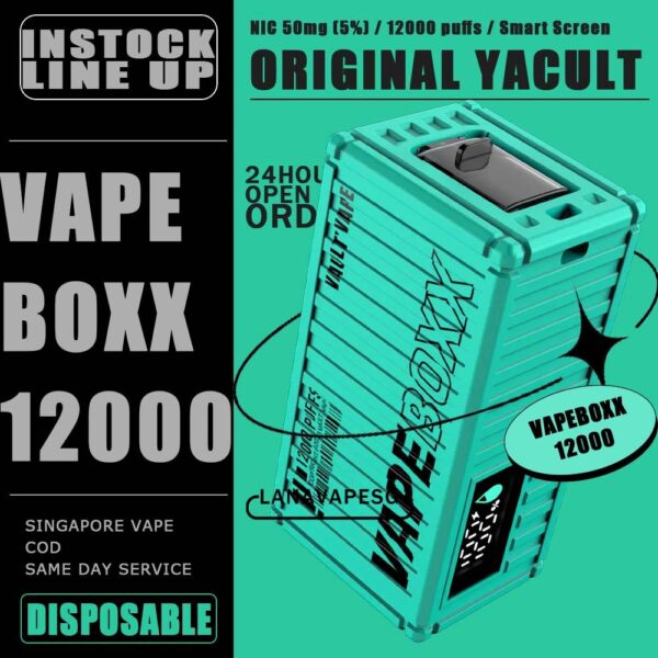 VAPEBOXX 12000 DISPOSABLE The VAPEBOXX 12000 DISPOSABLE Has 12K Puffs in our Vape Singapore Store , Ready Stock on sale , Get it now with us and same day delivery ! The VapeBoxx 12000 By Vault Vape , is a Adjustable Airflow with Type-C Fast Charging Kontainer Container and the Vape boxx 12k available Nicotine 50mg 5%. Specifition : Smart Screen Display Hidden Foldable TIP Explosive Cloud Adjustable Airflow Convenient Landyard Compatible ⚠️VAPEBOXX 12000 DISPOSABLE FLAVOUR LIST⚠️ Double Mango Energy Bull Grape Apple Grape Yogurt Gummy Bear Hazelnut Coffee Honeydew Melon Mixed Fruit Original Yakult Solero Ice Cream Sour Bubblegum Strawberry Ice Cream Grape Sparkling Lychee Sparkling Green Apple Sparkling Watermelon Bubblegum Blackcurrant Grape Kiwi Strawberry Apple SG VAPE COD SAME DAY DELIVERY , CASH ON DELIVERY ONLY. ORDER BEFORE 5PM , SAME DAY NIGHT SLOT 7PM – 10PM RECEIVED PARCEL. TAKE BULK ORDER /MORE ORDER PLS CONTACT US : LANAVAPESG WHATSAPP VIEW OUR DAILY NEWS INFORMATION VAPE : LANAVAPESG CHANNEL