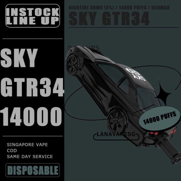 SKY GTR34 14000 DISPOSABLE The SKY GTR34 14000 DISPOSABLE in our Vape Singapore Store Ready Stock ,  Get it now with us and same day delivery ! The Sky R34 offers an extended vaping experience with approximately 14000 puffs in a single device. It features a high nicotine concentration for a satisfying hit and comes with a rechargeable battery, ensuring longevity and convenience. The device is designed to be user-friendly and portable, offering a seamless vaping experience without the need for frequent refills or recharges. Its impressive puff capacity makes it an ideal choice for those seeking an extended disposable vape option. Specification : Puffs : 14,000 Battery Capacity : 650mAh Rechargeable with Type C E-liquid Capacity : 25ml Nicotine Strength : 5% Charging Time : Roughly 10 min - 15 min ⚠️SKY GTR34 14000 DISPOSABLE FLAVOUR LINE UP⚠️ Grape Blackcurrant Sour Bubblegum Honeydew Watermelon Double Mango Lemon Cola Gummy Bear Mix Berries Mango Grape Mango Lychee Solero Lime SG VAPE COD SAME DAY DELIVERY , CASH ON DELIVERY ONLY. ORDER BEFORE 5PM , SAME DAY NIGHT SLOT 7PM – 10PM RECEIVED PARCEL. TAKE BULK ORDER /MORE ORDER PLS CONTACT US : LANAVAPESG WHATSAPP VIEW OUR DAILY NEWS INFORMATION VAPE : LANAVAPESG CHANNEL