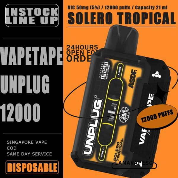 VAPETAPE UNPLUG 12000 DISPOSABLE The VAPETAPE UNPLUG 12000 DISPOSABLE in our Vape Singapore Shop - LanaVapeSg Ready stock , Get it now with us and same day delivery ! The Vapetape Unplug 12K by ASDF , provides an excellent vaping experience with a 12,000 puffs capacity. For ease of use and diversity, this disposable system combines with a 5% nicotine context and type C charghing port. Its creative design prioritises portability and ease of use while offering a fulfilling vaping experience. Users looking for a longer lasting choice without the inconvenience of refills or recharges may enjoy a customisable and controlled vaping experience with this device’s features including adjustable airflow and a battery indicator. Specification: Puffs : 12000 puffs Volume : 21ML Flavour Charging : Rechargeable with Type C Coil : Mesh Coil Fully Charged Time : 25mins Nicotine Strength : 5% ⚠️VAPETAPE UNPLUG 12K FLAVOUR LINE UP⚠️ Berries Yogurt Blackcurrant Berries Blackcurrant Bubblegum Double Grape Honeydew Bubblegum Honeydew Slurpee Mango Slurpee Solero Tropical Strawberry Grapple Watermelon Bubblegum SG VAPE COD SAME DAY DELIVERY , CASH ON DELIVERY ONLY. ORDER BEFORE 5PM , SAME DAY NIGHT SLOT 7PM – 10PM RECEIVED PARCEL. TAKE BULK ORDER /MORE ORDER PLS CONTACT US : LANAVAPESG WHATSAPP VIEW OUR DAILY NEWS INFORMATION VAPE : LANAVAPESG CHANNEL