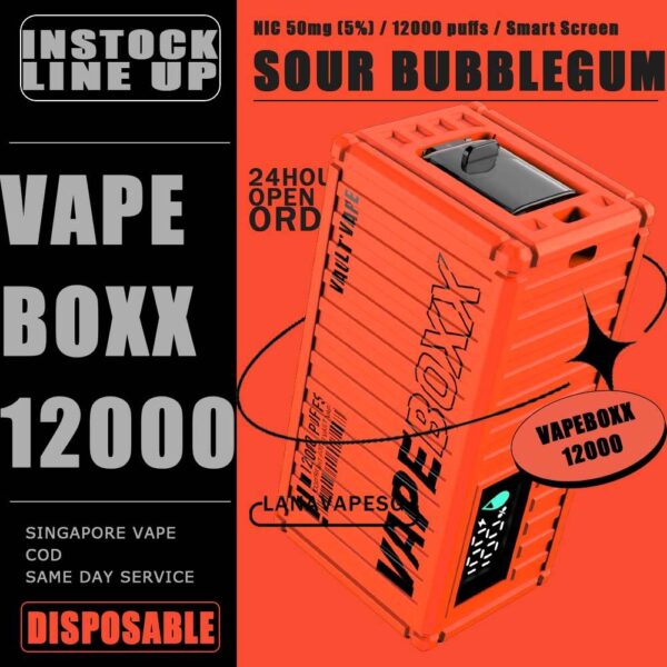 VAPEBOXX 12000 DISPOSABLE The VAPEBOXX 12000 DISPOSABLE Has 12K Puffs in our Vape Singapore Store , Ready Stock on sale , Get it now with us and same day delivery ! The VapeBoxx 12000 By Vault Vape , is a Adjustable Airflow with Type-C Fast Charging Kontainer Container and the Vape boxx 12k available Nicotine 50mg 5%. Specifition : Smart Screen Display Hidden Foldable TIP Explosive Cloud Adjustable Airflow Convenient Landyard Compatible ⚠️VAPEBOXX 12000 DISPOSABLE FLAVOUR LIST⚠️ Double Mango Energy Bull Grape Apple Grape Yogurt Gummy Bear Hazelnut Coffee Honeydew Melon Mixed Fruit Original Yakult Solero Ice Cream Sour Bubblegum Strawberry Ice Cream Grape Sparkling Lychee Sparkling Green Apple Sparkling Watermelon Bubblegum Blackcurrant Grape Kiwi Strawberry Apple SG VAPE COD SAME DAY DELIVERY , CASH ON DELIVERY ONLY. ORDER BEFORE 5PM , SAME DAY NIGHT SLOT 7PM – 10PM RECEIVED PARCEL. TAKE BULK ORDER /MORE ORDER PLS CONTACT US : LANAVAPESG WHATSAPP VIEW OUR DAILY NEWS INFORMATION VAPE : LANAVAPESG CHANNEL
