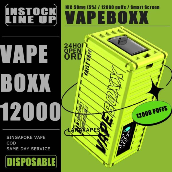 VAPEBOXX 12000 DISPOSABLE The VAPEBOXX 12000 DISPOSABLE Has 12K Puffs in our Vape Singapore Store , Ready Stock on sale , Get it now with us and same day delivery ! The VapeBoxx 12000 By Vault Vape , is a Adjustable Airflow with Type-C Fast Charging Kontainer Container and the Vape boxx 12k available Nicotine 50mg 5%. Specifition : Smart Screen Display Hidden Foldable TIP Explosive Cloud Adjustable Airflow Convenient Landyard Compatible ⚠️VAPEBOXX 12000 DISPOSABLE FLAVOUR LIST⚠️ Double Mango Energy Bull Grape Apple Grape Yogurt Gummy Bear Hazelnut Coffee Honeydew Melon Mixed Fruit Original Yakult Solero Ice Cream Sour Bubblegum Strawberry Ice Cream Grape Sparkling Lychee Sparkling Green Apple Sparkling Watermelon Bubblegum Blackcurrant Grape Kiwi Strawberry Apple SG VAPE COD SAME DAY DELIVERY , CASH ON DELIVERY ONLY. ORDER BEFORE 5PM , SAME DAY NIGHT SLOT 7PM – 10PM RECEIVED PARCEL. TAKE BULK ORDER /MORE ORDER PLS CONTACT US : SGVAPEJJ VIEW OUR DAILY NEWS INFORMATION VAPE : SGVAPEJJ