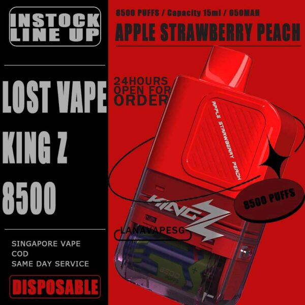 KING Z 8500 / 8.5K BY LOST VAPE DISPOSABLE The King Z 8500 / 8K Puffs Disposable By Lost Vape , in our Vape Singapore – LanaVapeSg Ready Stock on sale , Get it now with us and same day delivery . Specification : Approx. 8500 puffs Capacity 15ml Adjustable Airflow Rechargeable Battery 650mAh Charging Port: Type-C ⚠️KING Z 8500 BY LOST VAPE DISPOSABLE FLAVOUR⚠️ Grape Mango Honeydew Ice Cream Apple Strawberry Peach Mango YaKult White Velvet Cake Aloe Blackcurrant Strawberry Watermelon Strawberry Mango SG VAPE COD SAME DAY DELIVERY , CASH ON DELIVERY ONLY. ORDER BEFORE 5PM , SAME DAY NIGHT SLOT 7PM – 10PM RECEIVED PARCEL. TAKE BULK ORDER /MORE ORDER PLS CONTACT US : LANAVAPESG WHATSAPP VIEW OUR DAILY NEWS INFORMATION VAPE : LANAVAPESG CHANNEL