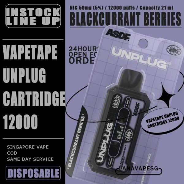 VAPETAPE UNPLUG POD 12000 / 12K DISPOSABLE The VAPETAPE UNPLUG POD 12000 / 12K DISPOSABLE in our Vape Singapore Shop - LanaVapeSg Ready stock , Get it now with us and same day delivery ! The Vapetape Unplug 12K by ASDF , provides an excellent vaping experience with a 12,000 puffs capacity. For ease of use and diversity, this disposable system combines with a 5% nicotine context and type C charghing port. Its creative design prioritises portability and ease of use while offering a fulfilling vaping experience. Users looking for a longer lasting choice without the inconvenience of refills or recharges may enjoy a customisable and controlled vaping experience with this device’s features including adjustable airflow and a battery indicator. Specification: Puffs : 12000 puffs Volume : 21ML Flavour Charging : Rechargeable with Type C Coil : Mesh Coil Fully Charged Time : 25mins Nicotine Strength : 5% ⚠️VAPETAPE UNPLUG POD 12000 DISPOSABLE FLAVOUR⚠️ Double Grape Strawberry Grapple Blackcurrant Berries Honeydew Bubblegum Blackcurrant Bubblegum Watermelon Bubblegum Mango Slurpee Honeydew Slurpee Berries Yogurt Solero Tropical SG VAPE COD SAME DAY DELIVERY , CASH ON DELIVERY ONLY. ORDER BEFORE 5PM , SAME DAY NIGHT SLOT 7PM – 10PM RECEIVED PARCEL. TAKE BULK ORDER /MORE ORDER PLS CONTACT US : LANAVAPESG WHATSAPP VIEW OUR DAILY NEWS INFORMATION VAPE : LANAVAPESG CHANNEL