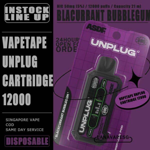 VAPETAPE UNPLUG POD 12000 / 12K DISPOSABLE The VAPETAPE UNPLUG POD 12000 / 12K DISPOSABLE in our Vape Singapore Shop - LanaVapeSg Ready stock , Get it now with us and same day delivery ! The Vapetape Unplug 12K by ASDF , provides an excellent vaping experience with a 12,000 puffs capacity. For ease of use and diversity, this disposable system combines with a 5% nicotine context and type C charghing port. Its creative design prioritises portability and ease of use while offering a fulfilling vaping experience. Users looking for a longer lasting choice without the inconvenience of refills or recharges may enjoy a customisable and controlled vaping experience with this device’s features including adjustable airflow and a battery indicator. Specification: Puffs : 12000 puffs Volume : 21ML Flavour Charging : Rechargeable with Type C Coil : Mesh Coil Fully Charged Time : 25mins Nicotine Strength : 5% ⚠️VAPETAPE UNPLUG POD 12000 DISPOSABLE FLAVOUR⚠️ Double Grape Strawberry Grapple Blackcurrant Berries Honeydew Bubblegum Blackcurrant Bubblegum Watermelon Bubblegum Mango Slurpee Honeydew Slurpee Berries Yogurt Solero Tropical SG VAPE COD SAME DAY DELIVERY , CASH ON DELIVERY ONLY. ORDER BEFORE 5PM , SAME DAY NIGHT SLOT 7PM – 10PM RECEIVED PARCEL. TAKE BULK ORDER /MORE ORDER PLS CONTACT US : LANAVAPESG WHATSAPP VIEW OUR DAILY NEWS INFORMATION VAPE : LANAVAPESG CHANNEL
