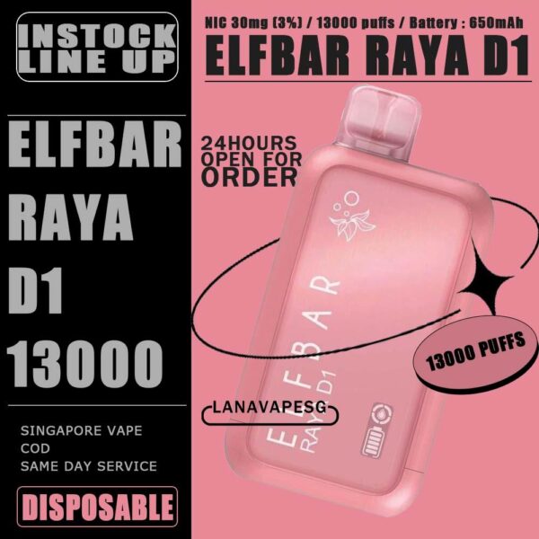 ELFBAR RAYA D1 13000 DISPOSABLE The Elfbar D1 Raya 13k with 13000 puffs is a cutting-edge disposable pod device designed for an extended and satisfying vaping experience . Boasting an impressive puff capacity , this device delivers a long-lasting and flavorful journey . With its innovative technology , Elfbar ensures a hassle-free and convenient vaping solution. The Raya D1 variant offers a delightful blend of watermelon and honeydew flavours , Providing a refershing and enjoyable taste profile . Ideal for user seeking a high-puff option , the Elfbar D1 Raya promises an immersive vaping session with every draw . Bundle Set OPTION⚠️ FREE DELIVERY 5 x Pcs - SGD 110 ! ($22 EACH) 10 x Pcs - SGD 210 $ ($21 EACH) Specification : Puff : 13000 Puffs Nicotine : 3% / 30mg Capacity : 18ml Battery : 650mAh Charging : Rechargeable with Type C ⚠️ELFBAR RAYA D1 13000 DISPOSABLE FLAVOUR⚠️ Apple Orange Bubblegun Cola Kiwi Guava Grape Lychee Juicy Peach Mango Lychee Bubblegum Mango Strawberry Ice Cream Masam Bubblegum Mixed Berry Peach Lychee Blackcurrant Ribena Lychee Solero Strawberry Guava SG VAPE COD SAME DAY DELIVERY , CASH ON DELIVERY ONLY. ORDER BEFORE 5PM , SAME DAY NIGHT SLOT 7PM – 10PM RECEIVED PARCEL. TAKE BULK ORDER /MORE ORDER PLS CONTACT US : LANAVAPESG WHATSAPP VIEW OUR DAILY NEWS INFORMATION VAPE : LANAVAPESG CHANNEL