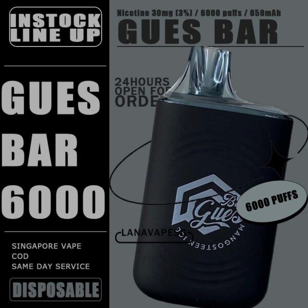 GUES BAR 6000 / 6K DISPOSABLE The GUES BAR 6000 / 6K DISPOSABLE in our Vape Singapore - LanaVapeSg Ready Stock on sale , Get it now with us and same day delivery . Specification : Nicotine 30mg (3%) Approx. 6000 Puffs Capacity 8ml Rechargeable 650mAh Battery Charging Port: Type-C ⚠️GUES BAR 6000 DISPOSABLE FLAVOUR LINE UP⚠️ Sour Apple Ice Orange Soda Ice Passion Guava Grape Apple Berries Ice Mangosteen Ice Yakult Jasmine Tea Pure Lychee Ice Rootbeer Float Sour Bubblegum Sprite Gummy Bear Solero Lime Honey Peach Ice Tie Guan Yin Spring Water Classic Tobacco SG VAPE COD SAME DAY DELIVERY , CASH ON DELIVERY ONLY. ORDER BEFORE 5PM , SAME DAY NIGHT SLOT 7PM – 10PM RECEIVED PARCEL. TAKE BULK ORDER /MORE ORDER PLS CONTACT US : LANAVAPESG WHATSAPP VIEW OUR DAILY NEWS INFORMATION VAPE : LANAVAPESG CHANNEL