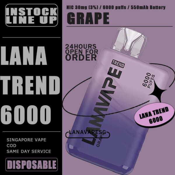 LANA TREND 6000 / 6K DISPOSABLE The Lana Trend 6000 Puffs Disposable Vape Powered by a 550mAh battery, the Lana Trend 6K goes the extra mile, offering an impressive 6K puffs on a single charge , Big farewell to the inconvenience of frequent recharges, and relish uninterrupted vaping throughout your day. The Lana Trend ditches buttons and complicated menus in favor of a user-friendly inhale activation system. Simply take a puff from the mouthpiece, and watch as it produces a discreet , satisfying vapor. Specifition : Nicotine (30mg) 3% Approx. 6000 Puffs Capacity 8ml Rechargeable Battery 550mAh Charging Port: Type-C ⚠️LANA TREND 6000 DISPOSABLE FLAVOUR⚠️ Tie Guan Yin Lychee Watermelon Grape Rootbeer Menthol Ice Peach Pomelo Jasmine Tea Thai Mango Spring Water Ice Lemon Tea Sakura Yogurt Taro Sago Dessert Guava Classic Tobacco SG VAPE COD SAME DAY DELIVERY , CASH ON DELIVERY ONLY. ORDER BEFORE 5PM , SAME DAY NIGHT SLOT 7PM – 10PM RECEIVED PARCEL. TAKE BULK ORDER /MORE ORDER PLS CONTACT US : LANAVAPESG WHATSAPP VIEW OUR DAILY NEWS INFORMATION VAPE : LANAVAPESG CHANNEL